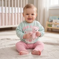 J16525NB: Baby Girls Interactive Sweatshirt & Legging Outfit With Plush Bear Toy (0-9 Months)